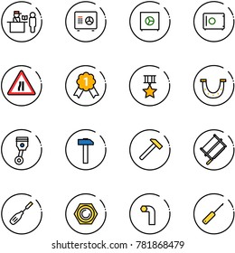 line vector icon set - passport control vector, safe, Road narrows sign, gold medal, star, luck, piston, hammer, bucksaw, chisel, nut, allen key, awl