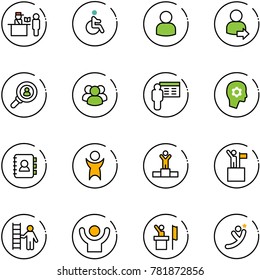 line vector icon set - passport control vector, disabled, user, login, head hunter, group, presentation, brain work, contact book, success, winner, win, opportunity, speaker, flying man