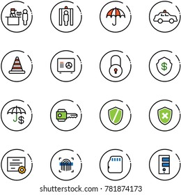 line vector icon set - passport control vector, metal detector gate, insurance, safety car, road cone, safe, lock, key, shield, cross, certificate, fingerprint scanner, micro flash card, server