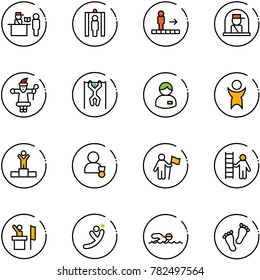 line vector icon set - passport control vector, metal detector gate, travolator, officer window, santa claus, pull ups, manager, success, winner, win, opportunity, speaker, flying man, swimming