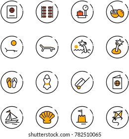 line vector icon set - passport vector, plane seats, baggage scales, coconut cocktail, lounger, palm, flip flops, swimsuit, suitcase, sail boat, shell, sand castle, kite