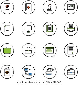 line vector icon set - passport vector, stamp, statistics report, document, network folder, clipboard, printer, case, portfolio, schedule, agreement, data exchange, wireless