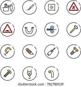 line vector icon set - passport control vector, scalpel, safe, Road narrows sign, artificial unevenness, luck, steel rolling, sledgehammer, clamp, work knife, screwdriver, bolt, screw, winch