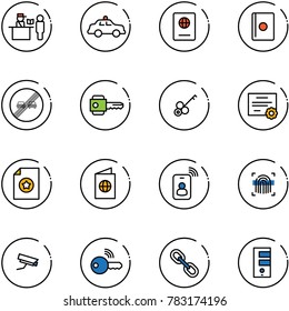 line vector icon set - passport control vector, safety car, end overtake limit road sign, key, certificate, identity card, fingerprint scanner, surveillance camera, wireless, link, server