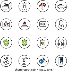 line vector icon set - passport control vector, metal detector gate, insurance, safety car, identity, road cone, safe, lock, shield check, cross, life vest, anchor, card, wireless key, server