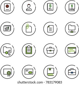 line vector icon set - passport vector, stamp, annual report, statistics, attachment, document, network folder, shared, clipboard, portfolio, schedule, certificate, envelope, book, case