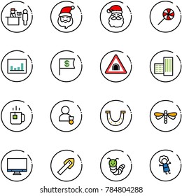 line vector icon set - passport control vector, santa claus, lollipop, statistics, dollar flag, tunnel road sign, building, green tea, winner, luck, dragonfly, monitor, tile drill, toy caterpillar