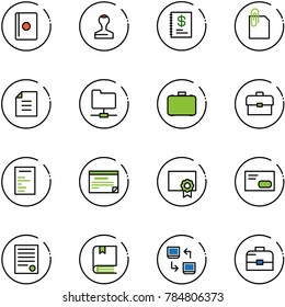 line vector icon set - passport vector, stamp, annual report, attachment, document, network folder, case, portfolio, schedule, certificate, envelope, agreement, book, data exchange