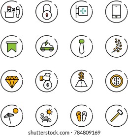 line vector icon set - passport control vector, lock, first aid room, phone, flag, electric car, tie, golden branch, diamond, rich, dollar, beach, flip flops, sledgehammer