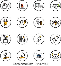 line vector icon set - passport control vector, female wc, hospital building, agreement, success, career, team leader, win, opportunity, flying man, feet, surfing, windsurfing, fingerprint scanner