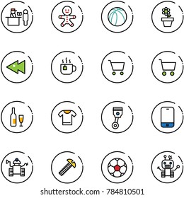 line vector icon set - passport control vector, cake man, basketball ball, flower pot, fast backward, hot tea, cart, wine, t shirt, piston, mobile phone, robot, screw, soccer