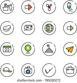line vector icon set - passport control vector, right arrow, holly, drop counter, meat, credit card, globe, calendar, money tree, pyramid flag, paper fly, cap, camera, scythe, tool box