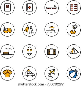 line vector icon set - passport vector, baggage truck, plane seats, coconut cocktail, flippers, bungalow, palm, inflatable pool, swimsuit, suitcase, tent, shell, car, kite, beach ball