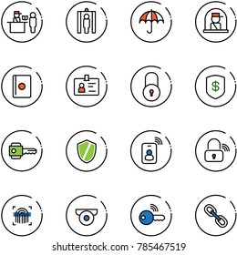 line vector icon set - passport control vector, metal detector gate, insurance, officer window, identity, lock, safe, key, shield, card, wireless, fingerprint scanner, surveillance camera, link