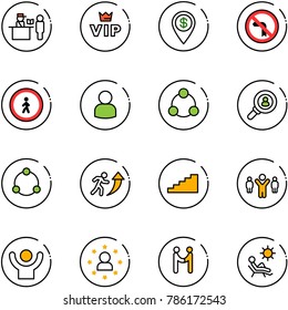 line vector icon set - passport control vector, vip, dollar pin, no left turn road sign, pedestrian, user, social, head hunter, community, career, stairs, team leader, success, star man, agreement