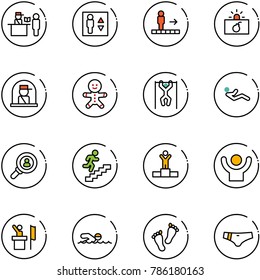 line vector icon set - passport control vector, elevator, travolator, terrorism, officer window, cake man, pull ups, abdominal muscles, head hunter, career, winner, success, speaker, swimming, feet