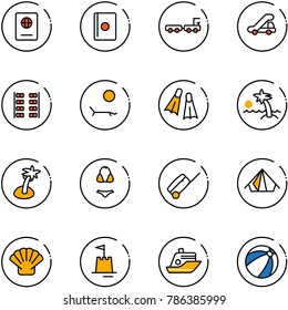 line vector icon set - passport vector, baggage truck, trap, plane seats, lounger, flippers, palm, swimsuit, suitcase, tent, shell, sand castle, cruiser, beach ball