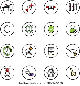 line vector icon set - passport control vector, candy, ski, cent, dollar sun, shield check, user, clock around, beach, tool cabinet, wheelbarrow, pyramid toy, constructor blocks, robot, giraffe