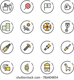 line vector icon set - passport control vector, lollipop, dollar flag, hot tea, building, beach, parasol, piston, pliers, screw, dowel, clinch, machine tool, allen key set, toy block house, giraffe
