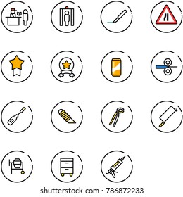 line vector icon set - passport control vector, metal detector gate, scalpel, Road narrows sign, star medal, drink, steel rolling, chisel, work knife, plumber, hacksaw, cocncrete mixer, tool cabinet