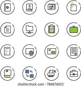 line vector icon set - passport vector, annual report, statistics, attachment, document, network folder, clipboard, case, certificate, envelope, agreement, book, data exchange, printer wireless