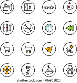 line vector icon set - passport control vector, elevator, baggage truck, tea, ski, no smoking sign, basketball ball, fast backward, cart, paper fly, beach, parasol, piston, sailboat toy, robot