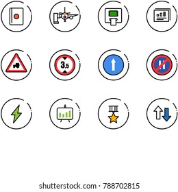 line vector icon set - passport vector, boarding passengers, atm, statistics report, tractor way road sign, limited height, only forward, no parking even, lightning, presentation chart, star medal