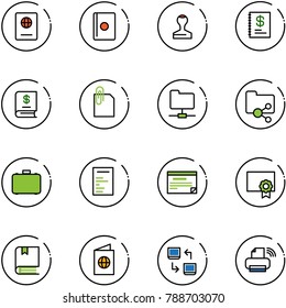 line vector icon set - passport vector, stamp, annual report, attachment, network folder, shared, case, document, schedule, certificate, book, data exchange, printer wireless