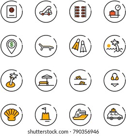 line vector icon set - passport vector, trap truck, plane seats, baggage scales, dollar pin, lounger, flippers, palm, inflatable pool, flip flops, swimsuit, shell, sand castle, cruiser, car