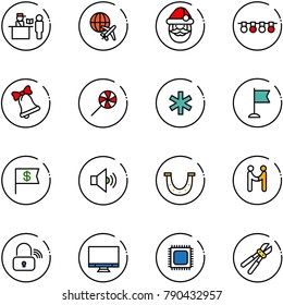 line vector icon set - passport control vector, plane globe, santa claus, garland, bell, lollipop, ambulance star, flag, dollar, volume medium, luck, agreement, wireless lock, monitor, cpu