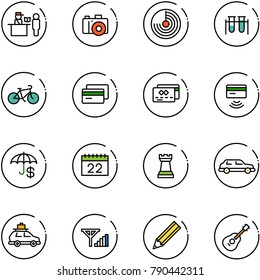 line vector icon set - passport control vector, camera, radar, vial, bike, credit card, tap pay, insurance, calendar, chess tower, limousine, car baggage, fine signal, pencil, guitar