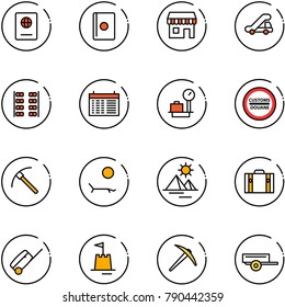 line vector icon set - passport vector, duty free, trap truck, plane seats, schedule, baggage scales, customs road sign, rock axe, lounger, pyramid, suitcase, sand castle, trailer