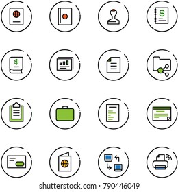 line vector icon set - passport vector, stamp, annual report, statistics, document, shared folder, clipboard, case, schedule, envelope, data exchange, printer wireless