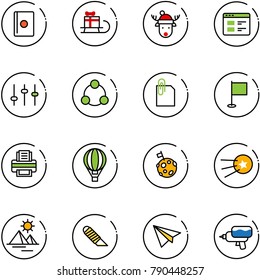 line vector icon set - passport vector, sleigh gift, christmas deer hat, website, settings, social, attachment, flag, printer, air balloon, moon, first satellite, pyramid, work knife, paper plane