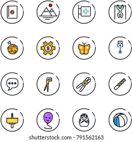 line vector icon set - passport vector, mountains, first aid room, pull ups, moon flag, money managemet, butterfly, laser, chat, plumber, bolt cutter, drill, crown, balloon smile, russian doll