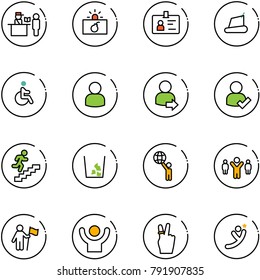 line vector icon set - passport control vector, terrorism, identity, treadmill, disabled, user, login, check, career, garbage, world, team leader, win, success, victory, flying man