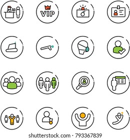 line vector icon set - passport control vector, vip, terrorism, identity, treadmill, push ups, medical mask, user check, group, head hunter, presentation, team leader, winner, success, flying man