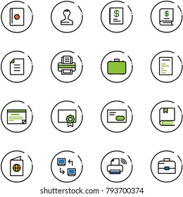 line vector icon set - passport vector, stamp, annual report, document, printer, case, schedule, certificate, envelope, book, data exchange, wireless