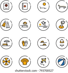 line vector icon set - passport vector, lounger, flippers, bungalow, palm, inflatable pool, flip flops, swimsuit, parasol, shell, kite, beach ball