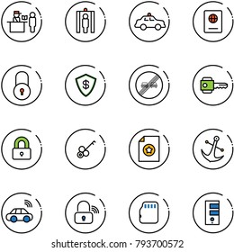 line vector icon set - passport control vector, metal detector gate, safety car, lock, safe, end overtake limit road sign, key, locked, certificate, anchor, wireless, micro flash card, server
