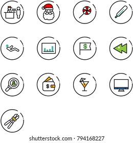 line vector icon set - passport control vector, santa claus, lollipop, thermometer, abdominal muscles, statistics, dollar flag, fast backward, head hunter, finance management, drink, monitor