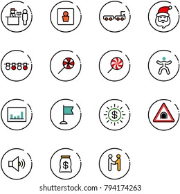 line vector icon set - passport control vector, male wc, baggage truck, santa claus, garland, lollipop, gymnastics, statistics, flag, dollar sun, tunnel road sign, volume medium, money bag