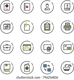 line vector icon set - passport vector, stamp, annual report, statistics, attachment, clipboard, printer, portfolio, schedule, certificate, envelope, book, data exchange, wireless