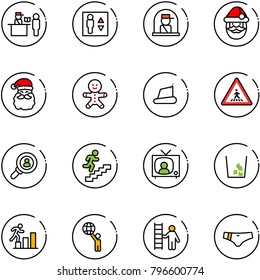 line vector icon set - passport control vector, elevator, officer window, santa claus, cake man, treadmill, pedestrian road sign, head hunter, career, tv news, garbage, world, opportunity, swimsuit