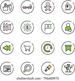 line vector icon set - passport control vector, baggage truck, cake man, tea, ski, dollar sun, flag, user login, fast backward, cart, clock around, terms plan, magnifier, dowel, robot