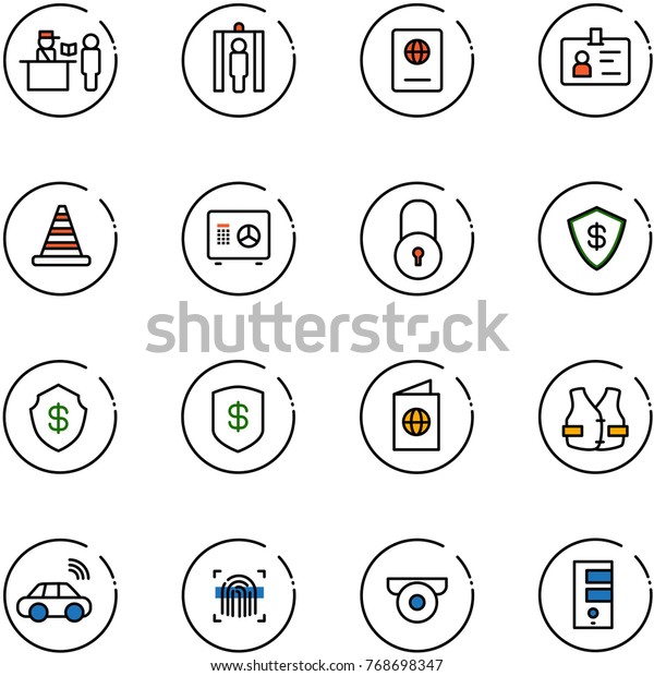 line
vector icon set - passport control vector, metal detector gate,
identity, road cone, safe, lock, life vest, car wireless,
fingerprint scanner, surveillance camera,
server