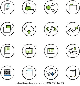 line vector icon set - patient card vector, user password, share, folder, upload cloud, tag code, growth arrow, mobile, presentation chart, statistics monitor, binary, micro flash, exchange data