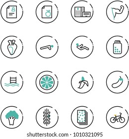 line vector icon set - patient card vector, diet list, hospital building, power hand, heart, push ups, abdominal muscles, pills bottle, pool, lemon slice, banana, eggplant, broccoli, spica, breads
