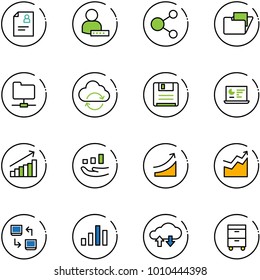 line vector icon set - patient card vector, user password, share, folder, network, refresh cloud, save, statistics monitor, growth, rise, data exchange, chart, tool cabinet