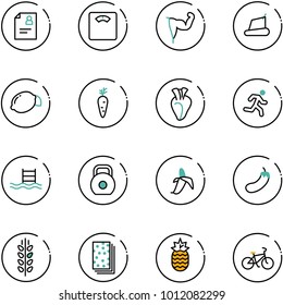 line vector icon set - patient card vector, floor scales, power hand, treadmill, lemon, carrot, heart, run, pool, weight, banana, eggplant, spica, breads, pineapple, bike